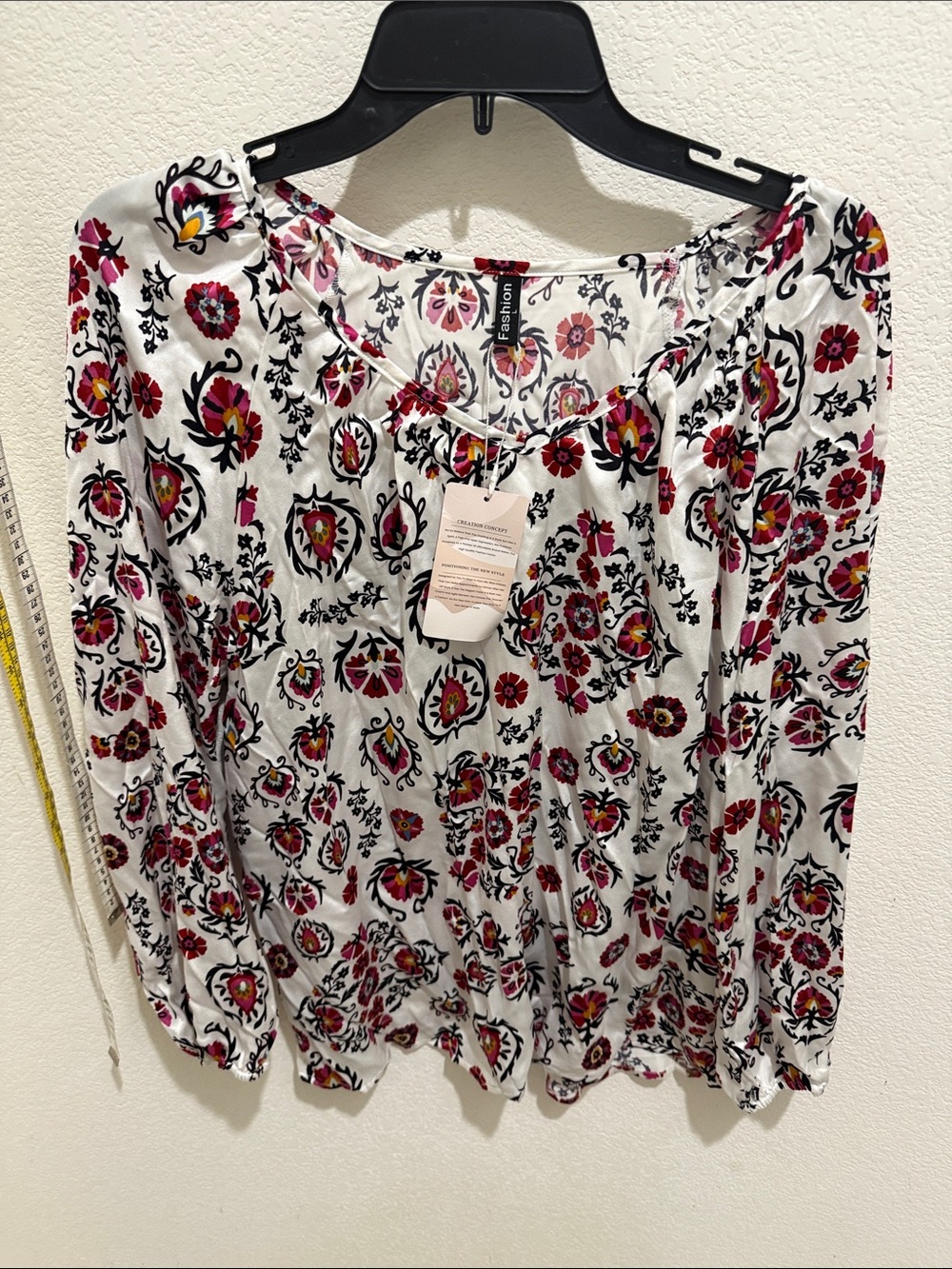 Women's Floral Tie-Front Peasant Blouse - White with Pink & Black